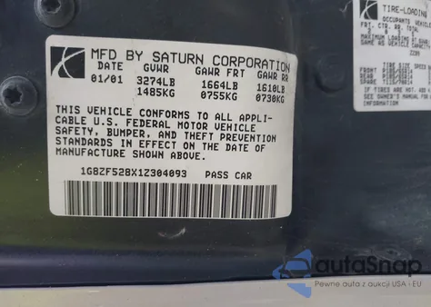 2001 Saturn Sl from USA, damaged, VIN 1G8ZF528X1Z304093